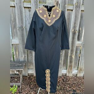 Vintage Original 1970’s Maxi Dress with Ornate Gold Trims - Size Large XL